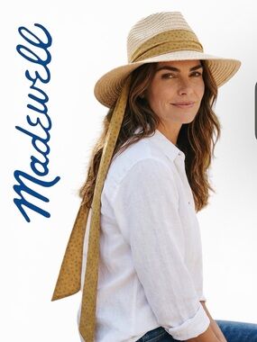 Biltmore  for MadewellHat Women Raffia Straw Beige Size M Wide Brim Strap NWT